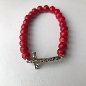 Stretch Red Beaded Bracelet with Cross Accent
